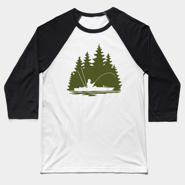 Kayak Fisherman Rural Forest Scene with Olive Green Background Baseball T-Shirt by SAMMO